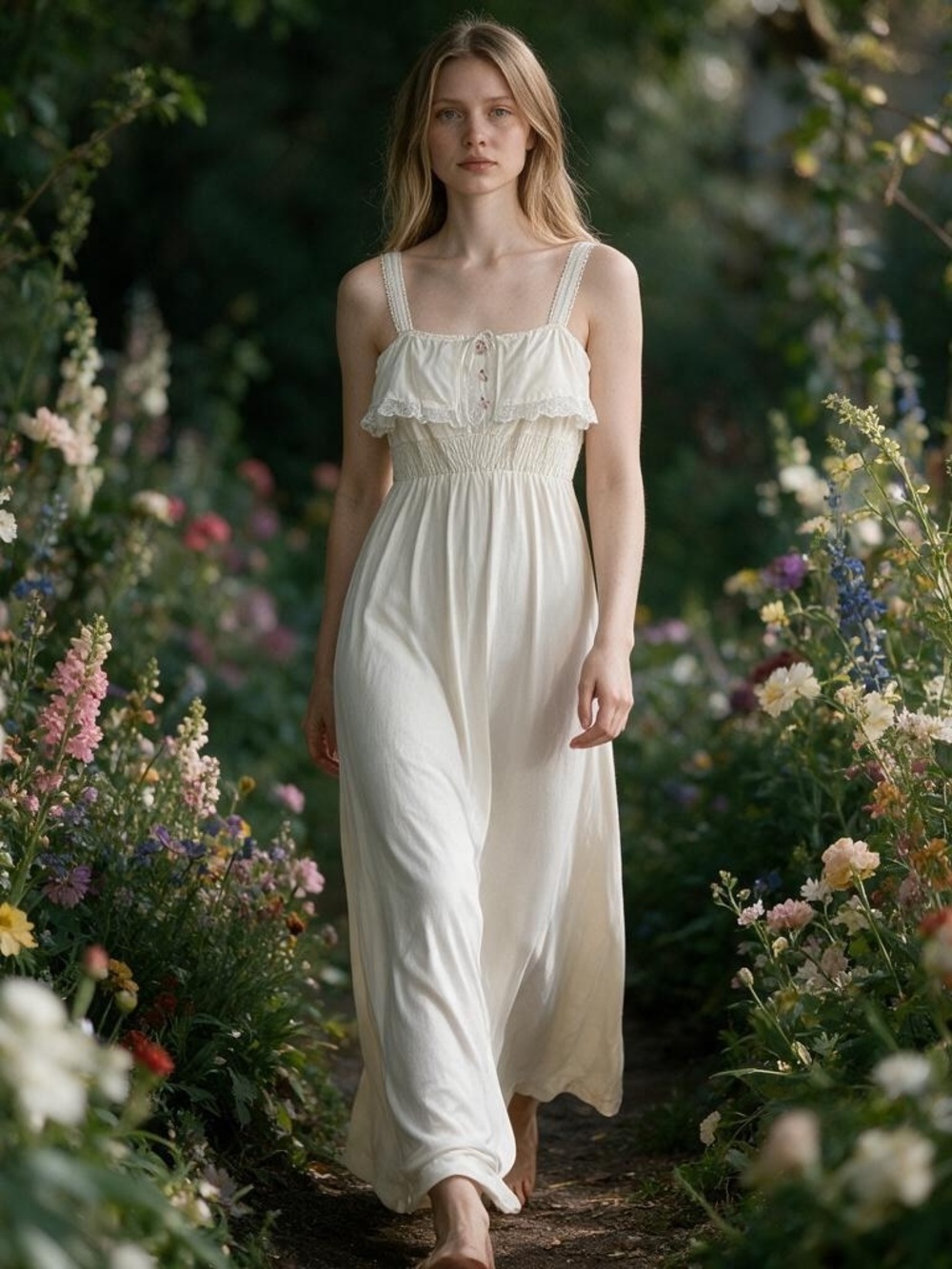 Vintage 70s Roberta California Cream Lace-Trim Maxi Dress S